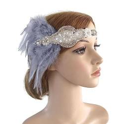 Vintage Damen Flapper Stirnband Kunstperlen Feder Quasten Strass Braut Kopfschmuck Abschlussball Party Haarschmuck Federn Stirnband (Color : Blue Grey) von HEBBES