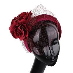 Vintage elegante Fascinators Stirnband Tea Party Hüte for Frauen königliche Hochzeit Schleier Blume Fascinators Haarschmuck Hochzeiten Haarband Mode-Stirnbänder (Color : Wine red) von HEBBES