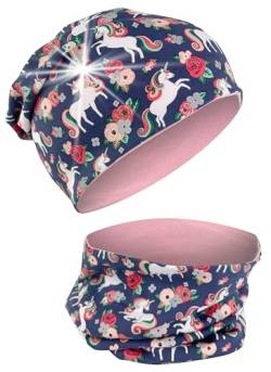 HECKBO 360° Reflektor Mädchen Mütze Loop Schal Set - Einhorn mit reflektierende Blumen 2-8 Jahre - 95% Baumwolle Mädels von HECKBO