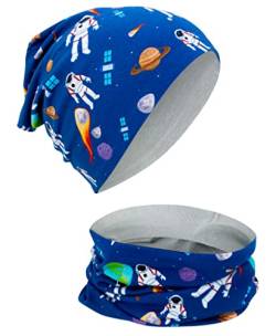 HECKBO Astronaut Beanie & Loop Schal Set - Wendemütze für Kinder, 2-8 Jahre, 95% Baumwolle - Wintermütze Kinder von HECKBO