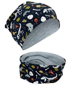 HECKBO Dinosaurier Skelett Beanie & Loop Schal - Wendemütze, 2-8 Jahre, Baumwolle - Mütze Kinder Winter von HECKBO