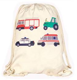 HECKBO Kinder Turnbeutel Jungen Mädchen mit Feuerwehr, Traktor, Krankenwagen & Polizei - Gymsack, Rucksack, Spieltasche, Sportbeutel, Schuhbeutel, Tasche für Jungen Jungs von HECKBO