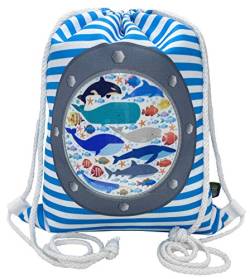 HECKBO Kinder Turnbeutel Mädchen Junge - Fisch Motiv mit Bullauge inkl. Plastikfenster - 33x26cm - Kindergarten, Kita, Krippe - Rucksack, Beutel, Sporttasche, Sportbeutel Kindergartenrucksack von HECKBO