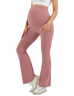 HEGALY Damen Umstands-Leggings über dem Bauch – lässige Schwangerschafts-Yogahose mit Taschen, butterweich, Grau/Pink, Groß von HEGALY