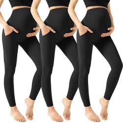 HEGALY Damen Umstands-Workout-Leggings über dem Bauch – lässige Schwangerschafts-Yogahose mit Taschen, Activewear-Hose, 3er-Pack, 3er-Pack, Schwarz/Schwarz, Large-X-Large von HEGALY