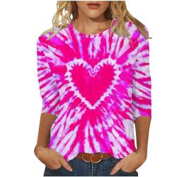 Bluse Damen Elegant T-Shirt 3/4 Arm Oberteile Tops Bunte Tie Dye Tunika Shirt Lose Rundhals Sommershirts Mode Damenblusen Batik Bluse Tshirt Lässige Hemd Fasching Karneval Kostüme 2024 Pink XL von HEITUI