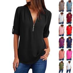 Blusen Damen Chiffon Bluse Oberteile Reißverschluss V-Ausschnitt Langarmshirt Elegante Tunika Shirt Tops Leicht Atmungsaktiv Chiffonbluse Festlich Hemdbluse 2024 Business Freizeit Damenbluse Schwarz L von HEITUI