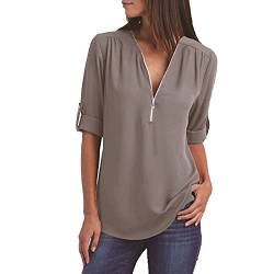 Blusen Damen Chiffon Bluse Oberteile Reißverschluss V-Ausschnitt Langarmshirts Elegante Tunika Shirt Tops Leicht Atmungsaktiv Chiffonbluse Festlich Hemdbluse 2024 Business Freizeit Damenbluse Grau XXL von HEITUI