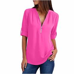 Blusen Damen Chiffon Bluse Oberteile Reißverschluss V-Ausschnitt Langarmshirts Elegante Tunika Shirt Tops Leicht Atmungsaktiv Chiffonbluse Festlich Hemdbluse 2024 Business Freizeit Damenbluse Pink 3XL von HEITUI