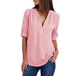 Blusen Damen Chiffon Bluse Oberteile Reißverschluss V-Ausschnitt Langarmshirts Elegante Tunika Shirt Tops Leicht Atmungsaktiv Chiffonbluse Festlich Hemdbluse 2024 Business Freizeit Damenbluse Rosa 5XL von HEITUI