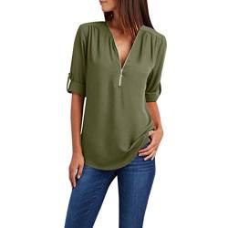 Blusen Damen Chiffon Bluse Oberteile Zipper V-Ausschnitt Langarmshirt Elegante Tunika Shirt Tops Leicht Atmungsaktiv Chiffonbluse Festlich Hemdbluse 2024 Business Freizeit Damenbluse Armeegrün XL von HEITUI