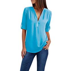 Blusen Damen Chiffon Bluse Oberteile Zipper V-Ausschnitt Langarmshirt Elegante Tunika Shirt Tops Leicht Atmungsaktiv Chiffonbluse Festlich Hemdbluse 2024 Business Freizeit Damenbluse Himmelblau XXL von HEITUI