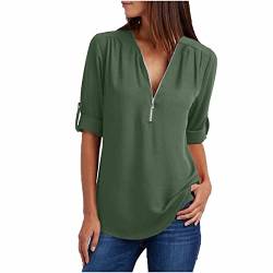 Blusen Damen Chiffon Bluse Oberteile Zipper V-Ausschnitt Langarmshirts Elegante Tunika Shirt Tops Leicht Atmungsaktiv Chiffonbluse Festlich Hemdbluse 2024 Business Freizeit Damenbluse Armeegrün 3XL von HEITUI