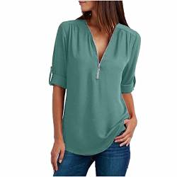 Blusen Damen Chiffon Bluse Oberteile Zipper V-Ausschnitt Langarmshirts Elegante Tunika Shirt Tops Leicht Atmungsaktiv Chiffonbluse Festlich Hemdbluse 2024 Business Freizeit Damenbluse Hellblau XL von HEITUI