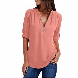 Blusen Damen Chiffon Bluse Oberteile Zipper V-Ausschnitt Langarmshirts Elegante Tunika Shirt Tops Leicht Chiffonbluse Festlich Hemdbluse 2024 Business Freizeit Damenbluse Wassermelonenrot 3XL von HEITUI