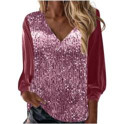 Festliche Bluse Damen Silvester Outfit Pailletten Oberteil Glitzer Shirt Elegant Langarm Tunika V-Ausschnitt Blusenshirt Frühling Pullover Langarmshirt Party Tops Locker Casual Streetwear Rosa 3XL von HEITUI