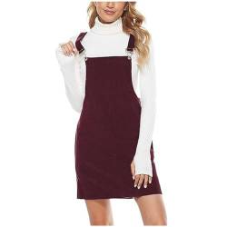 HEITUI Latzkleid Damen Cord Overall Kleid Knielang Freizeitkleider Trägerkleid Latzrock mit Tasche Elegant Einfarbige Kordkleid Cocktail Mini Dress Teenager Mädchen Winterkleid 2024 Kleider Wein M von HEITUI