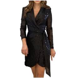 HEITUI Pailettenkleider für Damen Festlich Partykleid Cocktailkleider Glitzer Kleid Business Langarm Blazerkleid Sexy V-Ausschnitt Minikleid mit Schnürung Bodycon Bleistiftkleid Etuikleid von HEITUI