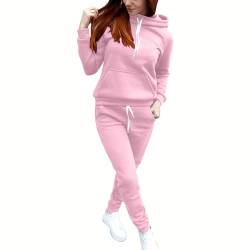 HEITUI Trainingsanzug Damen Elegant Jogginganzug Tracksuit Einfarbig Hausanzug mit Kapuze Klassisch Pullover Jogger 2 Stück Anzug Set Casual Langarm Hoodies Hosen Sport Zweiteiler Outfit Rosa M von HEITUI