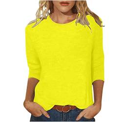 Pullover Damen 3/4 Arm Shirt Elegante Tunika Oberteile Rundhals Bluse Einfarbig Basic Tops Slim Fit Blusenshirt Klassisch Mode Freizeitbluse Leichtes Frühlingspullover Damenpullover Gelb L von HEITUI