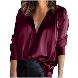 Satin Blusen Damen Elegant Tunika Hemd Sexy V-Ausschnitt Pullover Langarmshirt Leichte Satinblusen Loose Hemdbluse Shirt Casual Business Tops Party Bluse Oberteil Büro Arbeit Damenbluse Wein XXL von HEITUI