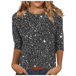 Shirt Damen 3/4 Arm Tshirt Pailletten Oberteil Glitzer Muster Tee Tops Rundhals Lässig T-Shirt Baumwolle Pullover Langarmshirt Party Tunika Bluse 2024 Faschingskostüme Karneval Kostüme Schwarz XL von HEITUI