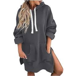 Sweatshirt Damen mit Kapuze Hoodie Pullover Lang Kapuzenpullover Oberteile Sexy Schlitz Longpullover Einfarbig Pulli Tops Baumwolle Causal Langarm Frühlingspullover mit Tasche Dunkelgrau S von HEITUI