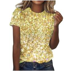 T Shirt Damen Sommer Kurzarm Tshirt Pailletten Druck Oberteil Rundhals Tunika T-Shirt Glitzer Party Shirt Lose Bluse Tops Frauen Sommershirt Sommerbluse Karneval Fasching Kleidung 2024 Gold M von HEITUI