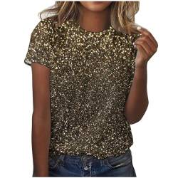 T Shirt Damen Sommer Kurzarm Tshirt Pailletten Druck Oberteil Rundhals Tunika T-Shirt Glitzer Party Shirt Lose Bluse Tops Frauen Sommershirt Sommerbluse Karneval Fasching Kleidung 2024 Gold M von HEITUI