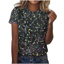 T Shirt Damen Sommer Kurzarm Tshirt Pailletten Druck Oberteil Rundhals Tunika T-Shirt Glitzer Party Shirt Lose Bluse Tops Frauen Sommershirt Sommerbluse Karneval Fasching Kleidung 2024 Schwarz L von HEITUI