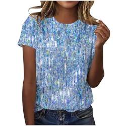 Tshirt Damen Baumwolle Kurzarm Shirt Sommer Rundhals Bluse Elegant Tunika Hemd T-Shirt Pailletten Muster Oberteil Hochzeit Party Glitzertop 2024 Faschingskostüme Sommermode Bekleidung Blau L von HEITUI