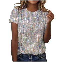 Tshirt Damen Baumwolle Kurzarm Shirt Sommer Rundhals Bluse Elegant Tunika Hemd T-Shirt Pailletten Muster Oberteil Hochzeit Party Glitzertop 2024 Faschingskostüme Sommermode Bekleidung Grau M von HEITUI