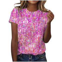 Tshirt Damen Baumwolle Kurzarm Shirt Sommer Rundhals Bluse Elegant Tunika Hemd T-Shirt Pailletten Muster Oberteil Hochzeit Party Glitzertop 2024 Faschingskostüme Sommermode Bekleidung Pink M von HEITUI