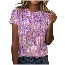 Tshirt Damen Baumwolle Kurzarm Shirt Sommer Rundhals Bluse Elegant Tunika Hemd T-Shirt Pailletten Muster Oberteil Hochzeit Party Glitzertop 2024 Faschingskostüme Sommermode Bekleidung Violett M von HEITUI