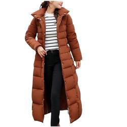 Winterjacke Damen Lang Daunenjacke Wintermantel Leichtes Steppjacke Puffer Jacke Winter Warme Mantel mit Kapuze Outdoor Übergangsjacke Trenchcoat Reißverschluss Langarm Outwear für Frauen Kaffee M von HEITUI