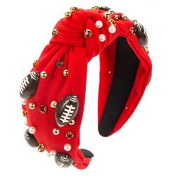 Fußball-Stirnband, modisch, breit, mit Perlen besetzt, Stirnbänder, verziert, niedliches Knoten-Stirnband für Frauen, rotes Stirnband für Damen, für lockiges, dickes Haar, Stirnbänder von HEKARBAMILL