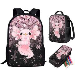 HELLHERO 3-teiliges Set für Kinder-Schulranzen-Set für Mädchen und Jungen, Rucksack mit Lunch-Taschen, Federmäppchen, Axolotl Kirschblüte, Medium von HELLHERO