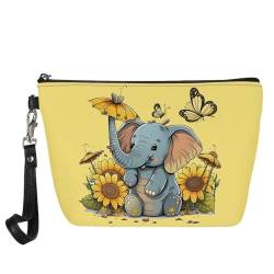 HELLHERO Damen Mädchen Kleine Kosmetiktasche Reise Leder Make Up Taschen, Sonnenblumen-Elefant 1, Small von HELLHERO