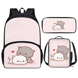 HELLHERO Kinder Schule Büchertasche 3 in 1 Set Schultasche mit Lunchtasche Federmäppchen, Kätzchen Katze, Medium von HELLHERO
