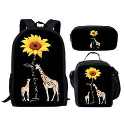 HELLHERO Kinder Schulranzen Set für Mädchen Jungen Rucksack mit Lunch-Taschen Federmäppchen, Sonnenblumen-Giraffe, Daypack Rucksäcke von HELLHERO