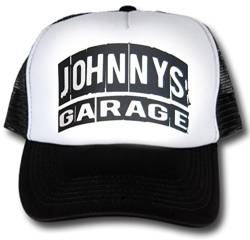 HELLMOTORS Johnnys Garage Trucker Cap schwarz Weiss Oldschool Basecap Biker Hotrod V8 von HELLMOTORS