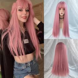 Perücke mit Synthetisches glattes Haar 24 Zoll lange hitzebeständige rosa Perücke for Frauen (Farbe : Yellow, Size : 24inches) von HELVES