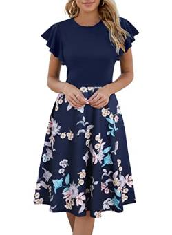 Damen Elegant Criss-Cross V Ausschnitt Vintage Kurzarm Arbeit Casual Fit und Flare Teekleid mit Taschen 980, Blau floral, XX-Large von HELYO