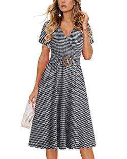 Damen Elegant Criss-Cross V Ausschnitt Vintage Kurzarm Arbeit Casual Fit und Flare Teekleid mit Taschen 980, Houndstooth, Groß von HELYO