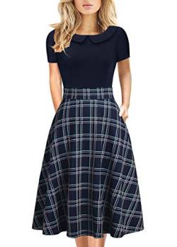 Damen Elegant Vintage Baumwolle Casual Blumendruck Arbeit Party A-Linie Swing Kleid mit Taschen 162, Marineblau (Navy Plaid), Mittel von HELYO