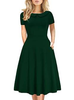 Damen Elegant Vintage Baumwolle Casual Blumendruck Arbeit Party Peter Pan Kragen A-Linie Kleid mit Taschen 978, Grün , Klein von HELYO