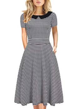 Damen Elegant Vintage Baumwolle Casual Blumendruck Arbeit Party Peter Pan Kragen A-Linie Kleid mit Taschen 978, Houndstooth, Mittel von HELYO