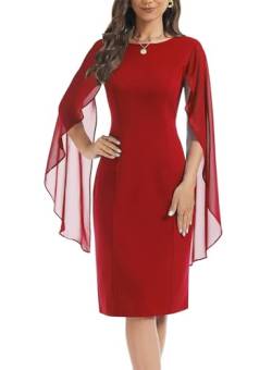 HELYO Damen Chiffon Umhang Ärmel Mini Cape Kleid V-Rücken Semi-Formal Elegant Bodycon Hochzeit Gast Abend Cocktailkleider, Rot/Ausflug, einfarbig (Getaway Solids), Groß von HELYO