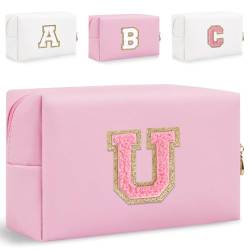 HENGNI Kleine Make-up-Tasche mit Buchstaben, niedliches PU-Leder, Chenille-Buchstaben, Kosmetiktasche, Reise-Make-up-Tasche, Reise-Organizer, Reißverschluss-Tasche für Damen und Mädchen, Pink., U von HENGNI