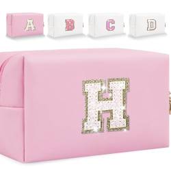 HENGNI Kleine Make-up-Tasche mit Buchstaben, niedliches PU-Leder, Chenille-Buchstaben, Kosmetiktasche, Reise-Make-up-Tasche, Reise-Organizer, Reißverschluss-Tasche für Damen und Mädchen, glitzernd von HENGNI